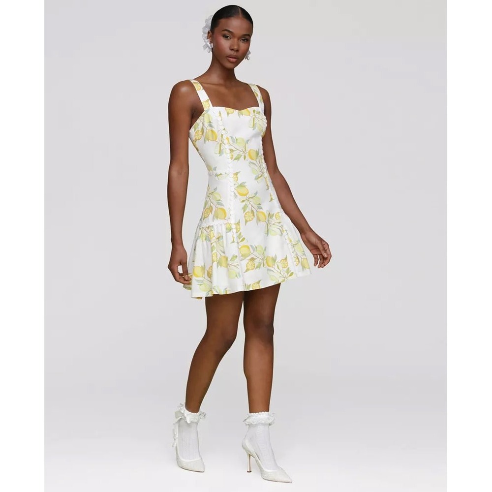 Avec Les Filles Womens Lemon Print Sleeveless Mini Dress White Yellow Summer
